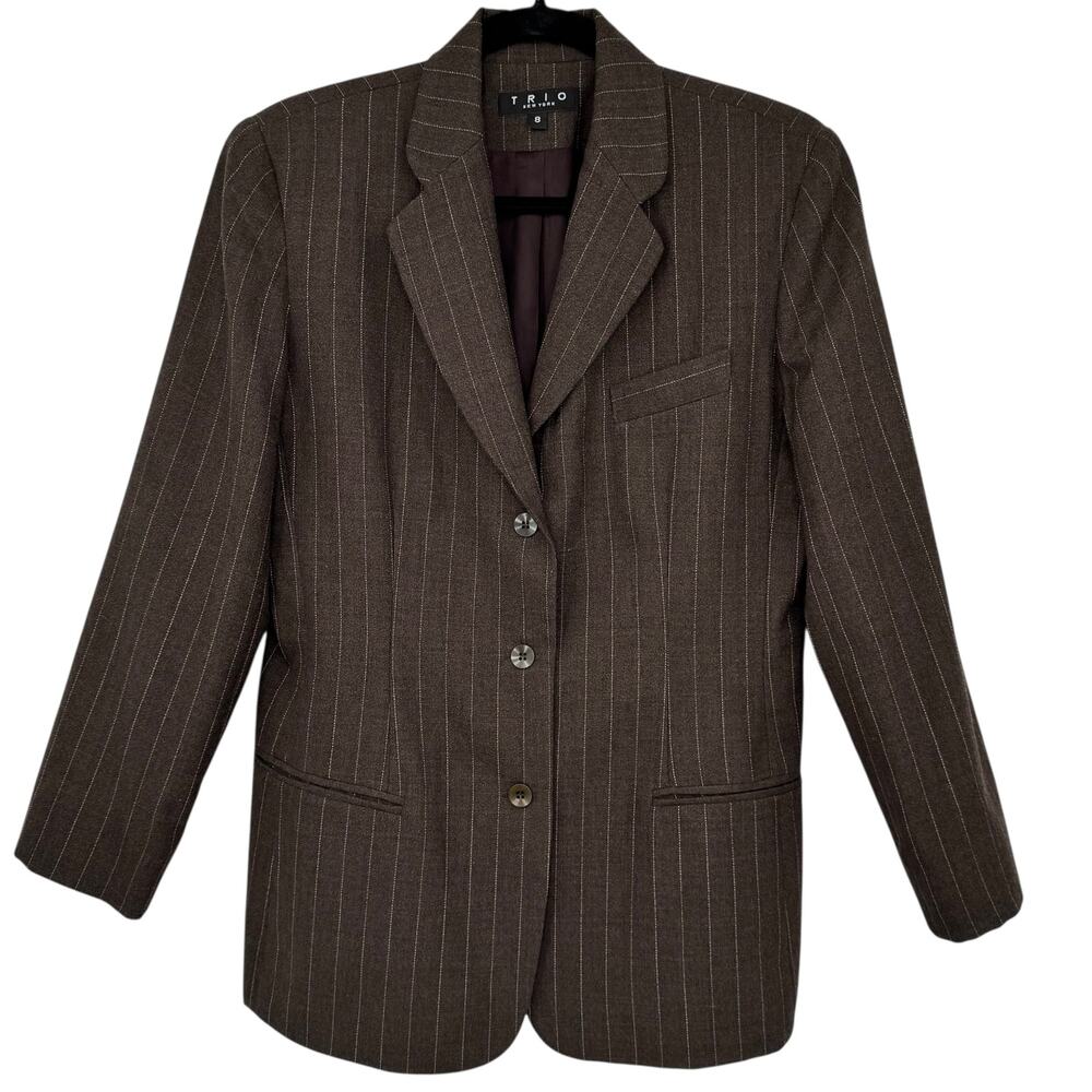 Vintage 90s TRIO New York Wool Pinstripe Power Blazer Brown Size 8 Tailored USA